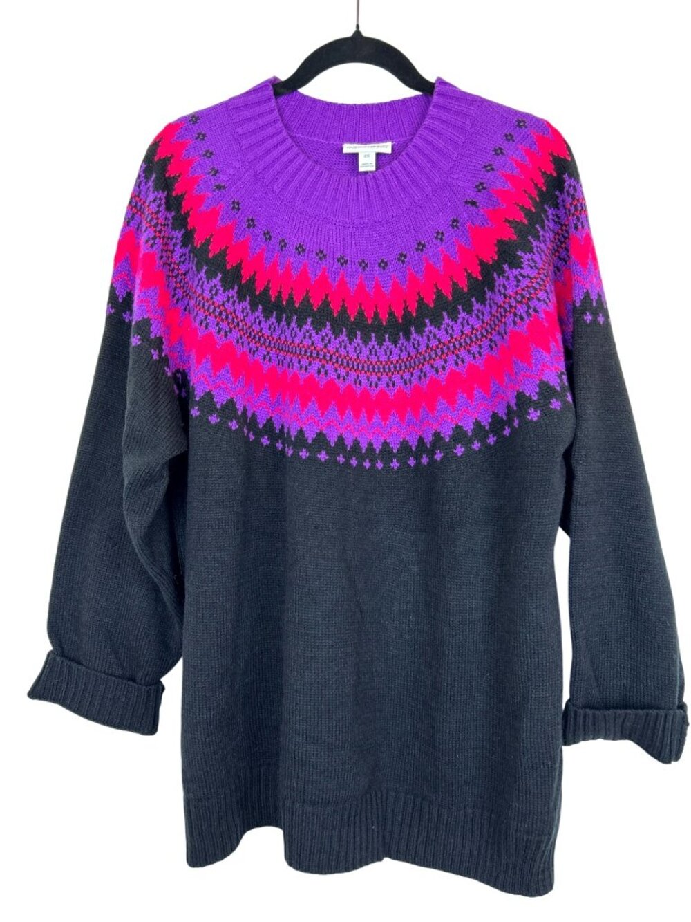 NWT Fashion Bug Fair Isle Sweater Sz 2X Pink Black Long Knit Pullover Nordic